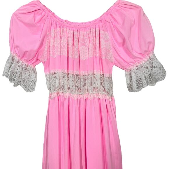 Vintage Perry Lingerie Nightgown Large Pink Silky Nylon Lace Trim Ruffle Long - Picture 3 of 7